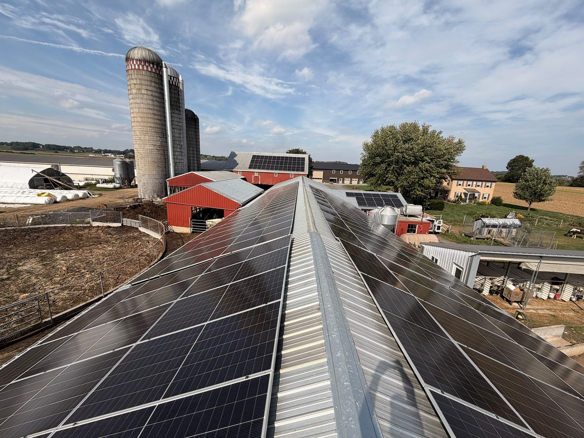 Solar panels along a barn roof ridge with silos and red barns behind