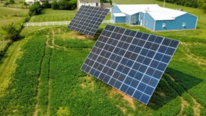 Two dual-axis solar trackers beside a commercial building in Lancaster County