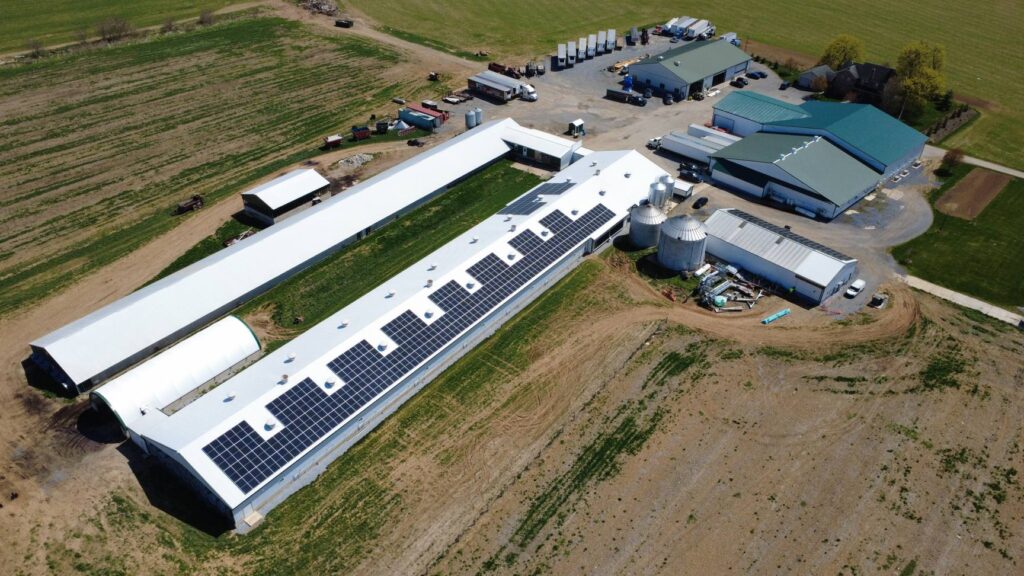 Overhead view of rooftop solar on long farm barns near Manheim, PA