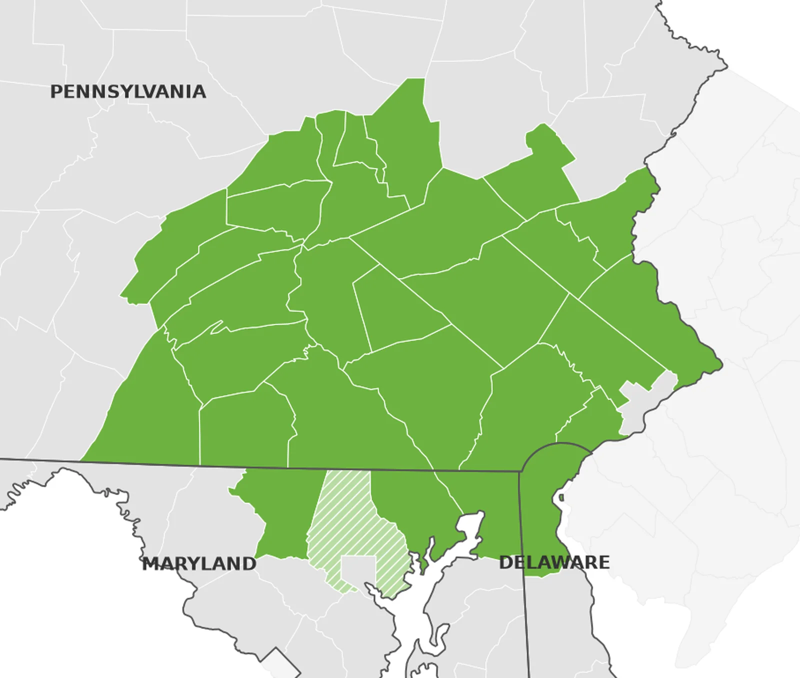 Map of Trifecta Solar service area across Central and Eastern Pennsylvania, northern Delaware and northern Maryland